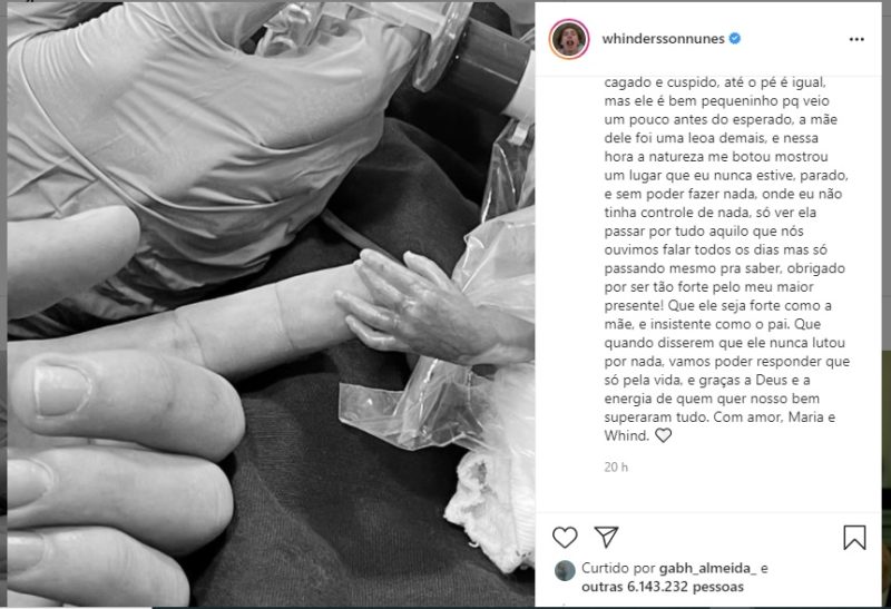 Morre João Miguel, filho do humorista Whindersson Nunes e Maria Lina